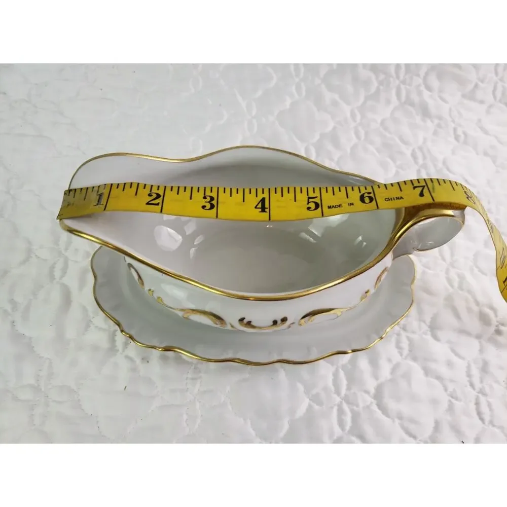 Schumann Arzberg Golden Elegance Germany Gravy Boat Attached Underplate White